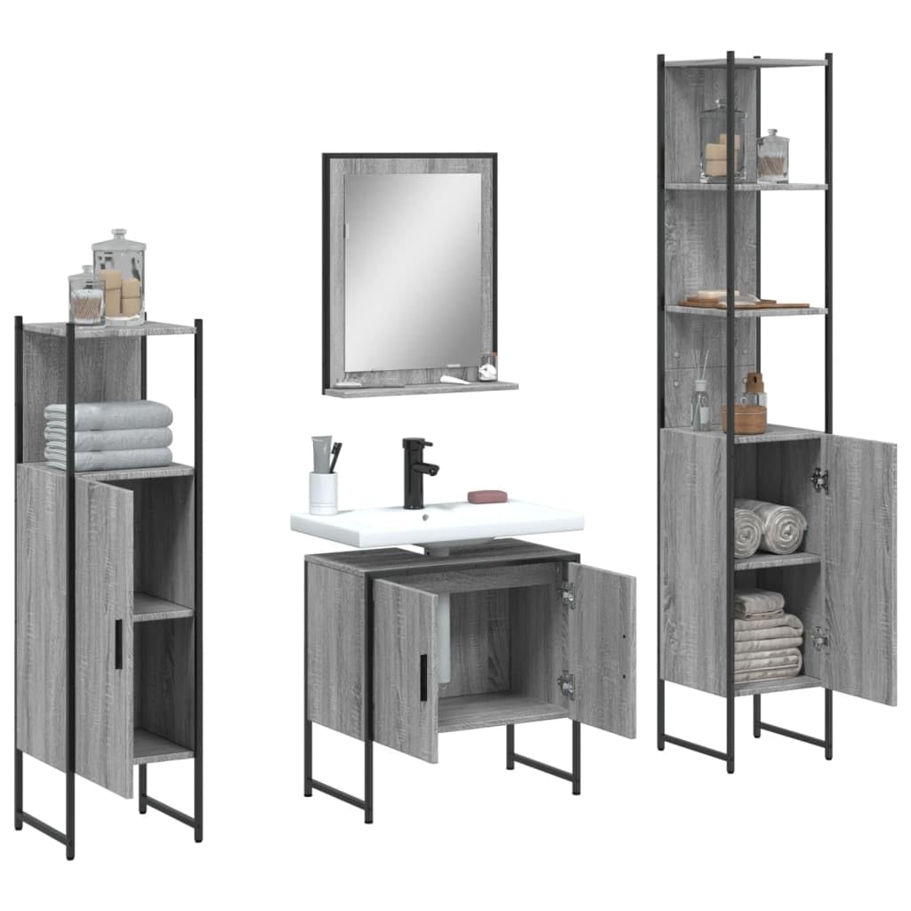 Fengshui Juego de muebles de baño de 4 piezas de color gris de madera y acero con recubrimiento en polvo con mucho espacio de almacenamiento, incluye espejo con estante para utensilios de baño como