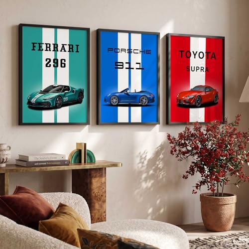 Image of HOTHOUSE Big Ferrari 296, Porsche 911, Toyota Cars Framed Posters Gift Items for Boys Room Wall Decoration Bedroom Living Room Office Studio Decor | Set Of 3 Size (19 X 25 inch)