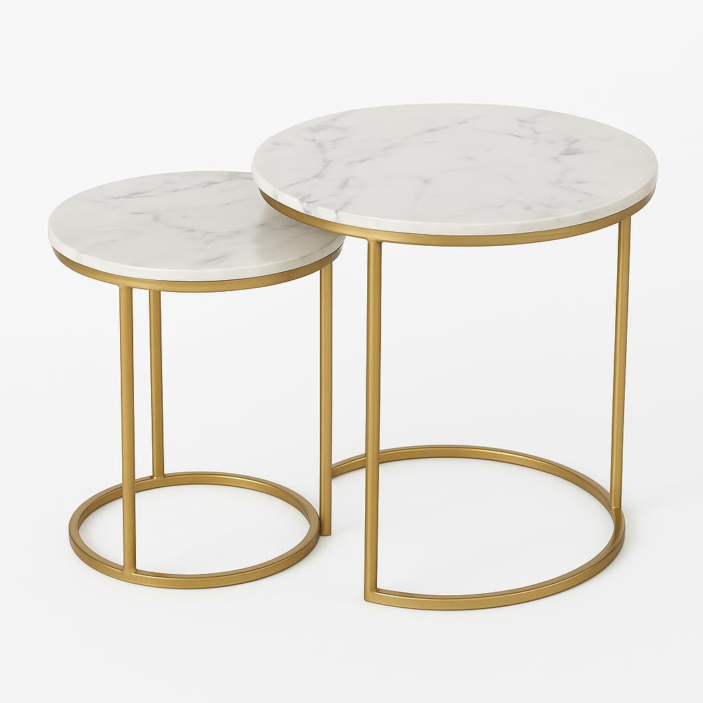 Generico DOMUSTREND Set 2 Tavolini da Salotto Rotondi, Piano Effetto Marmo Bianco e Base Oro, 44x44x40 cm e 34x34x35 cm, Stile Moderno Scandinavo