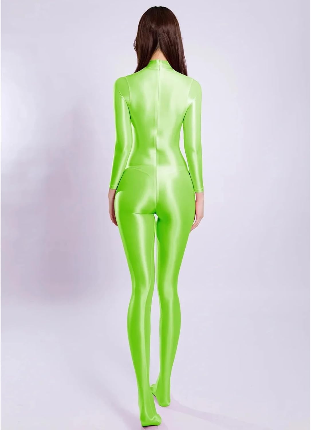 LESOYA Women's Sexy Satin Shiny Bodystocking Long Sleeve Semi See Through Sheer Bodysuit Catsuit