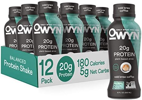 OWYN 100% Vegan Plant-Based Protein Shake, Cold Brew Coffee, 12 Pack, with 20g Plant Protein, Omega-3, Prebiotic supplements, Superfoods Greens Blend, Gluten-Free, Soy-Free, Non-GMO
