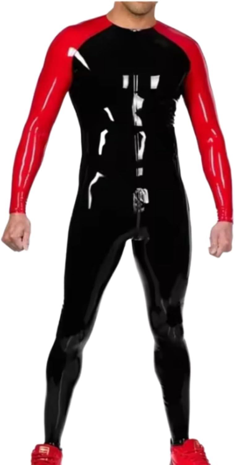 Handmade Latex Catsuit with Front Crotch Zipper Socks Black with Red Bodysuit for Men