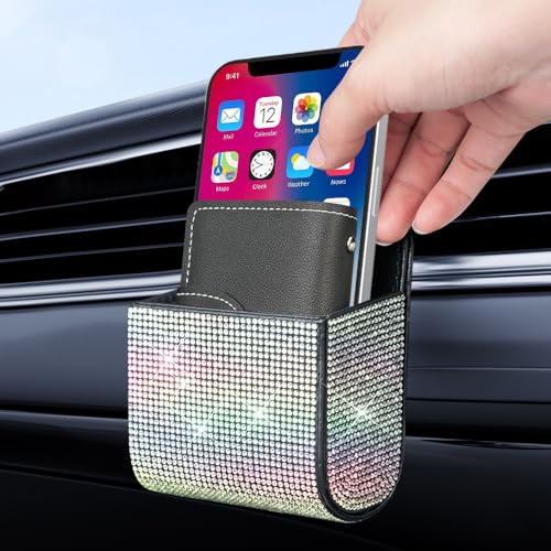 Image of Car Vent Storage Organizer,Bling Car Accessories for Women or Man,Rhinestone Car Vent Leather Pocket,Multipurpose Car Storage /Car Sunglass Holder /Car Coin Holder for Car (Colorful)