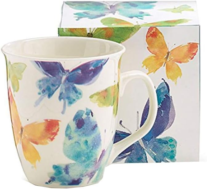 burton + BURTON Watercolor Butterflies 16oz Porcelain Mug - Hand-Painted Floral Coffee Cup for Women & Butterfly Lovers - Microwave & Dishwasher Safe with Gift Box