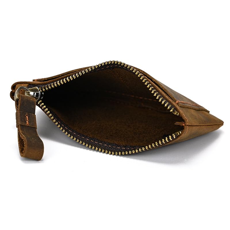 Genuine Leather Small Zipper Pouch Coin Purse Change Holder (Brown)4