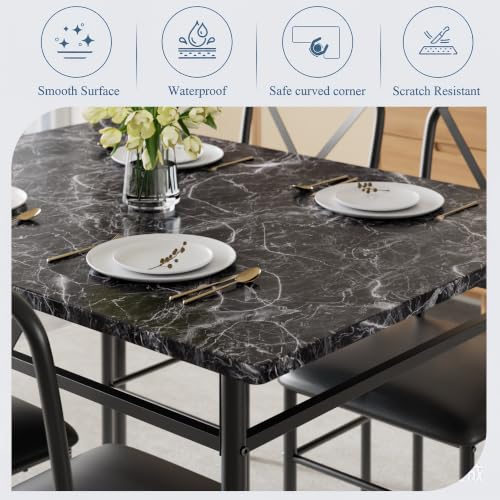 Image of VECELO 5-Piece Dining Table Set for 4 with Upholstered Chairs, Pure Black | Faux Marble Tabletop, Space-Saving, for Kitchen, Breakfast Nook