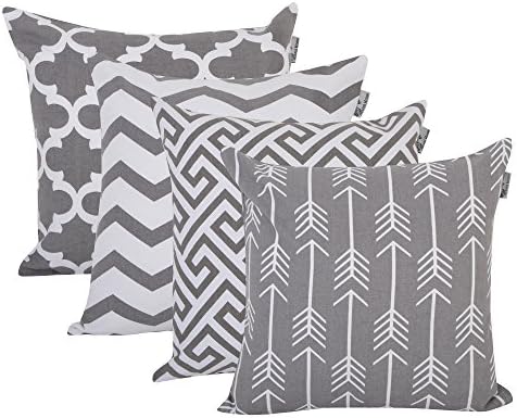 ACCENTHOME Printed Pillow Covers Set of 4 - Decorative Square Throw Pillow Cover, Indoor & Outdoor Cotton Cushion Cases, Geometric Design Grey Pillowcases for Home Sofa - Bed - Couch 18 x 18 Inch