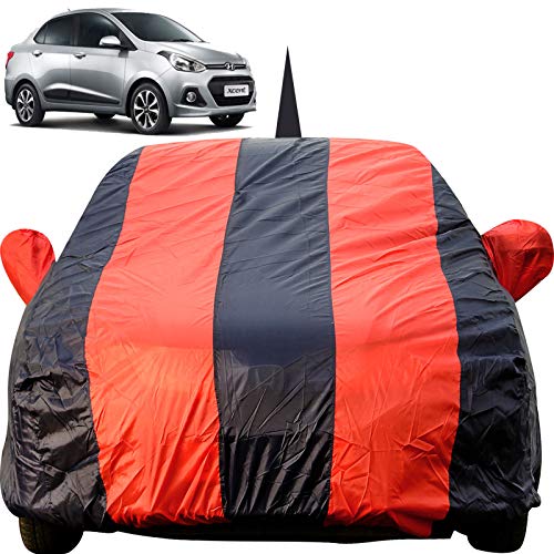 Image of Autofact Car Body Cover for Hyundai Xcent with Mirror and Antenna Pocket (Light Weight, Triple Stitched, Heavy Buckle, Bottom Fully Elastic, Red Stripes with Navy Blue Color)