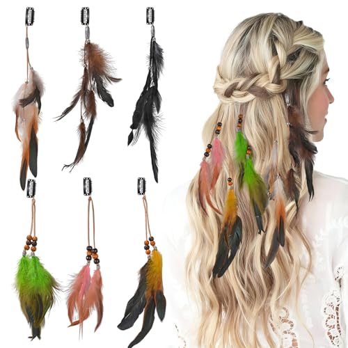 HZHSGLY 6 Pièces Cheveux Plumes, Extensions de Plumes Accessoires Festival Boho Hippie, épingles à Cheveux Faites à la Main pour Femmes et Filles, Costume Halloween Cosplay