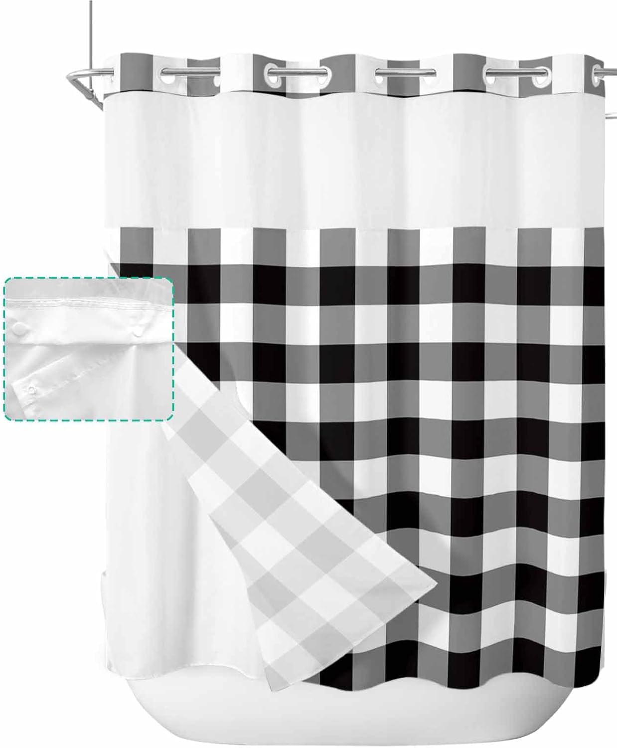No Hook Shower Curtain with Snap in Liner Set,Modern Minimalist Buffalo Checker Waterproof Fabric Shower Curtains Black and White Lattice Double Layer Bath Curtain for Bathroom,72Wx72L