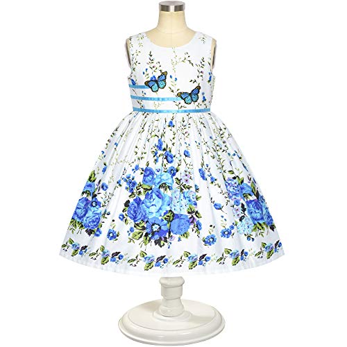 Girls Dress Blue Butterfly Casual Floral Party Size 7-8 #TOP1