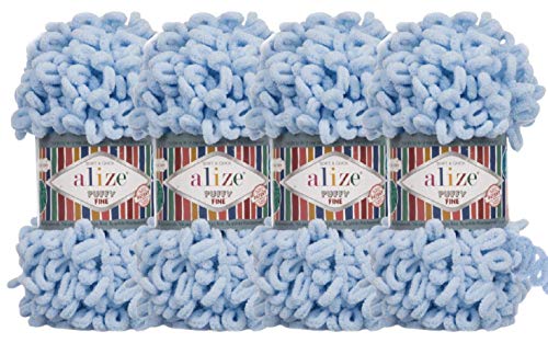 Alize Puffy Fine Baby Blanket Small Loop 100% Micropolyester Soft Yarn Lot of 4skn 400gr 64yds (218 - Baby Blue)