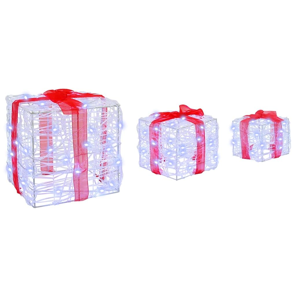 Pudełko na prezent z 60 diodami LED, zimna biel, zestaw 3 szt., akryl, 20 x 20 x 20 cm, dekoracja bożonarodzeniowa z pilotem zdalnego sterowania, do świątecznego oświetlenia i eleganckiej