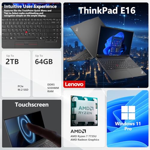 Image of Lenovo ThinkPad E16, 16 inch FHD+ Touchscreen, AMD Ryzen 7 7735U, 64GB DDR5, 1TB SSD, HDMI, Fingerprint, Backlit KB, Webcam, Type-C, Wi-Fi 6, Windows 11 Pro, Black, Laptop for Business & Home, w /Bundle
