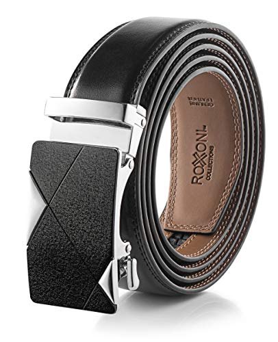 Roxoni Men’s Genuine Leather Ratchet Dress Belt with Automatic Solid Gloss Buckle, Enclosed in an Elegant Gift Box