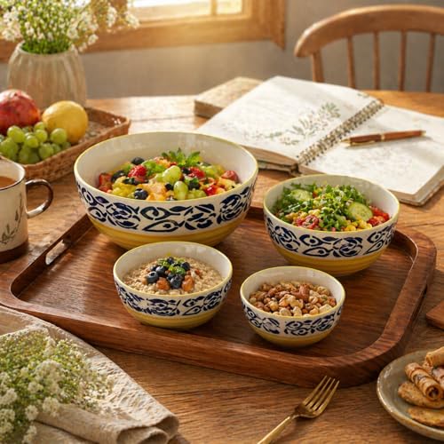 Image of Ceramic Mixing Bowl Set - 4 Pieces (1500ml, 800ml, 600ml, 400ml), Blue Flower Yellow - Durable, Microwave & Dishwasher Safe - Ideal for Mixing, Serving & Storage