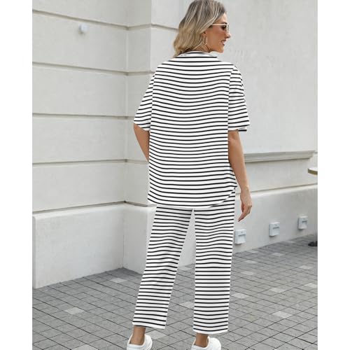 Image of SeeLuNa Women's Two Piece Outfits 3 /4 Batwing Sleeve Capelet Crew Neck Pullover Top Wide Leg Pants Lounge Set(White-Black,M)