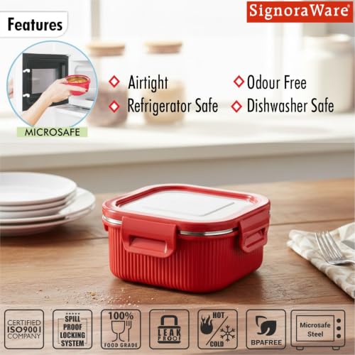 Image of Signoraware Lock N Store Microsafe Steel Square Container+ Lid(400ml, Red)