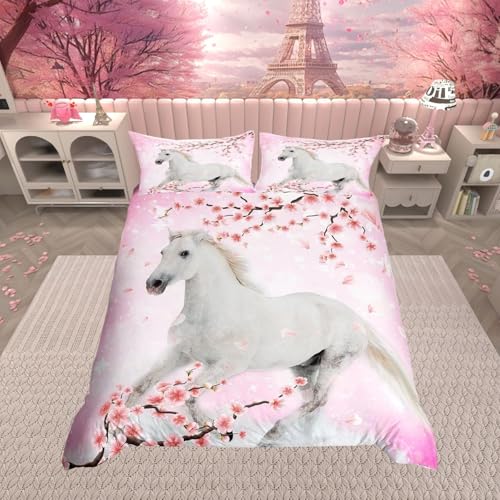 Housse de Couette 140x200 Cheval Pour Garçons Filles Femmes Housse Couette Fleur de Cerisier Rose,Ensemble de Literie Romantique Parure de Lit Cheval Animal...