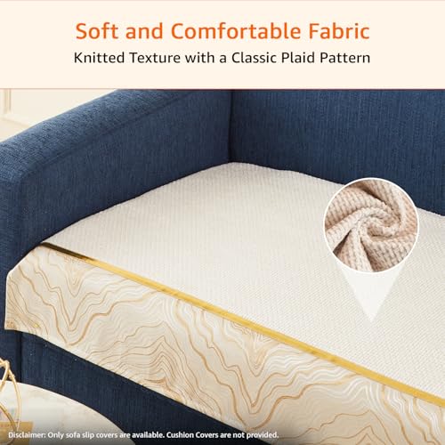 Image of Amazon Basics Knitted Fabric Sofa Cover for Two Seater, Classic Plaid, Non-Slip Sofa Pad, 70x120 cm, Soft Silicone Grip Dots, 100% Polyester, Machine Washable - Off-White