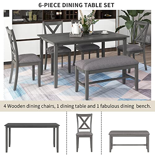 Merax-6-Piece-Wooden-Kitchen-Dining-Table-Set-with-4-Fabric-Chairs-and-Bench-Family-Furniture-Grey6pcs2