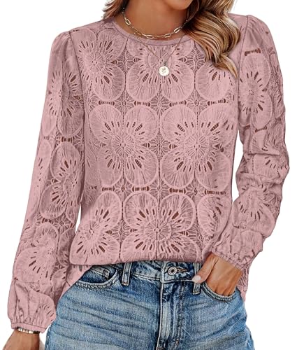 Image of OFEEFAN Blouses for Women Dressy Casual Spring Tops 2026 Summer Outfits Flower Lace Crochet Long Sleeve Shirts
