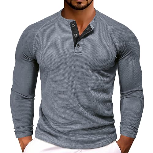 Camisas Henley para hombre, camisetas de punto gofre, manga larga, sin botones, 3 botones, blusa casual ajustada, gris oscuro, S
