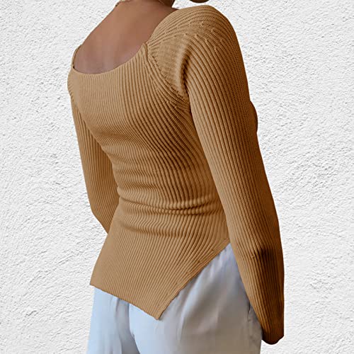 Image of Women's Square Neck Ribbed Knitted Sweater Long Sleeve Crop Slim Fitted Basic Pullover Tops