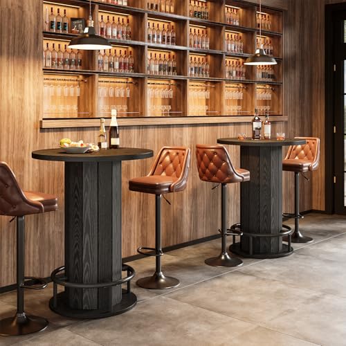 Image of Tribesigns Round Dining Table Set of 4, Bar Height Commercial Kitchen Table with Wood Strip Base and Footrest, for Dining Room, Restaurant, Cafe, Bakery, Pub, Apartment, Black (Only Table)