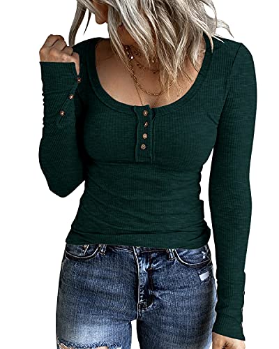 Image of Women Long Sleeve Henley Shirts Scoop Neck T-shirt Basic Tops | Lightweight Soft Ribbed Knit Tees, Casual Tunics,Slim Fit Button Up Top,Spring Outfits, Fall Winter Layering,Daily Wear