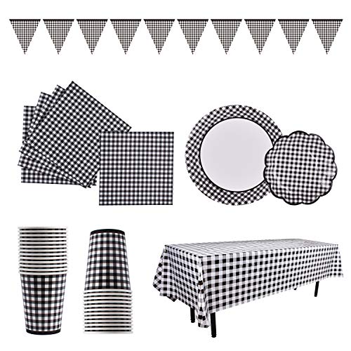 Gingham black White Checkeblack Tableware Set SERVER 25 Paper Plates Dessert Plates Cups Napkins for Luncheon Picnic Barbecue Birthday Farm Theme Party