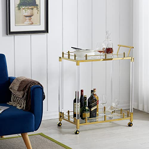 Likenow Acrylic Bar Carts On Wheels,Home Bar & Serving Cart,Mobile Wine And Beverage Cart With 2-Tiered Storage For Living Room,Kitchen,Dining Room,Indoor,Hotel,Clear,Gold,Rectangular #TOP7
