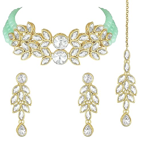 Image of Peora Gold Plated Bridal Crystal Pearl Choker Necklace with Drop Earrings Traditional Jewellery Set for Women