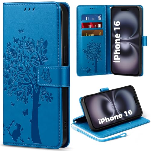 EASDNB Handyhülle für iPhone 16 Hülle Lederhülle für iPhone 16 Wallet Flip Case mit [3 Kartenfächer] [Magnet] [Ständer] Premium Leder Prägung Schutzhülle Klapphülle für iPhone 16 Blau