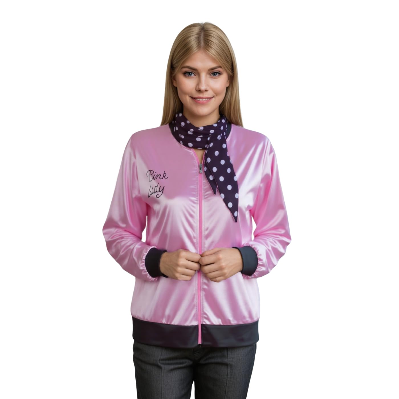 loketa Classic 1950s Women Lady Girls Satin Jacket with Spotted Neck Scarf Halloween Party Costume Coat-picture-51