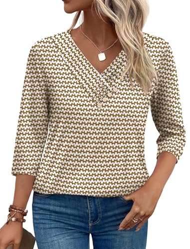 SAMPEEL V Neck Blouses for Women Dressy Casaul 3/4 Length Sleeve Womens Tops Button Down Shirts4