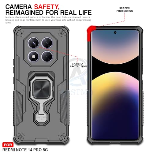 Image of AESTMO Armor Back Cover for Redmi Note 14 Pro /Poco X7 5G | Ring Holder & Kickstand & Camera Protection in-Built | 360 Degree Protection Back Case Cover (Black)