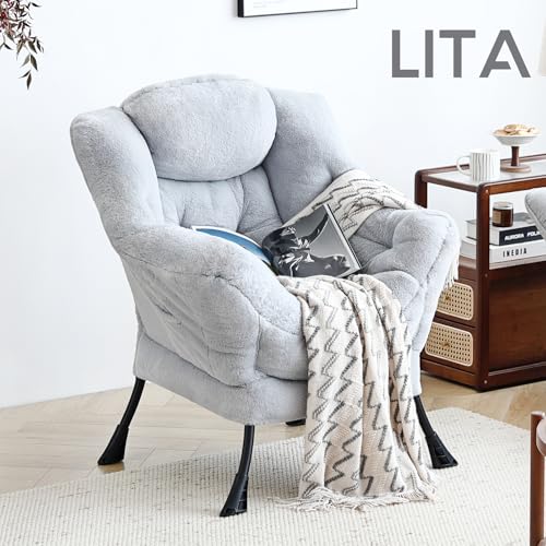 Image of LITA Lazy Chair with Armrests and Side Pocket, Modern Upholstered Accent Reading Chair for Living Room, Bedroom, Dorm, Small Spaces, Single Plush Grey