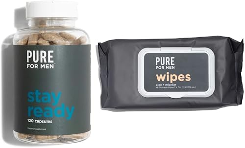 Pure for Men Suplemento de fibra de limpieza vegana original, 120 cápsulas, toallitas ecológicas con micelar y aloe (48 unidades)