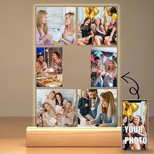Image of Friendship Day Custom Photo Collage LED Lamp, Personalised Acrylic Night Light for Best Friends, Warm White, Wooden Base, Touch Control, Modern Style (Bestie 6)