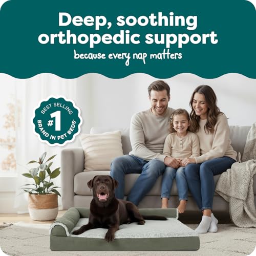 Image of FurHaven Orthopedic Dog Bed for Large Dogs, L-Shaped Chaise Mattress with Orthopedic Egg Crate & Solid Orthopedic Foam Base for Joint Support, Washable Cover, Jumbo XL, Faux Fur & Suede, Dark Sage
