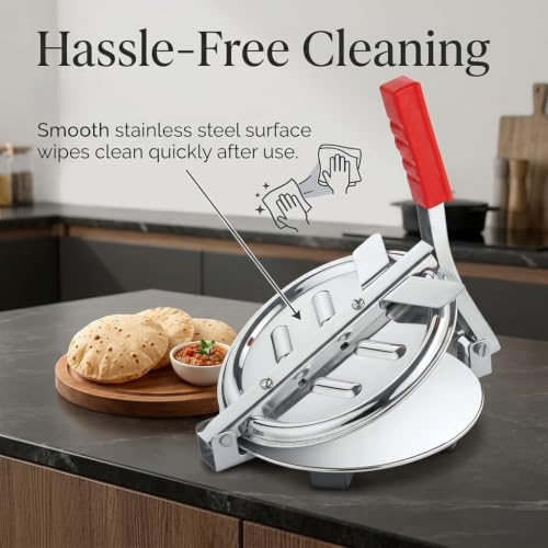 Image of Heavy-Duty Stainless Steel Roti /Tortilla Press with Handle - Manual Flatbread Maker for Chapati, Paratha, Puri & More - 6.50-Inch Plate, Easy to Use & Clean (Random Color & Random Design)