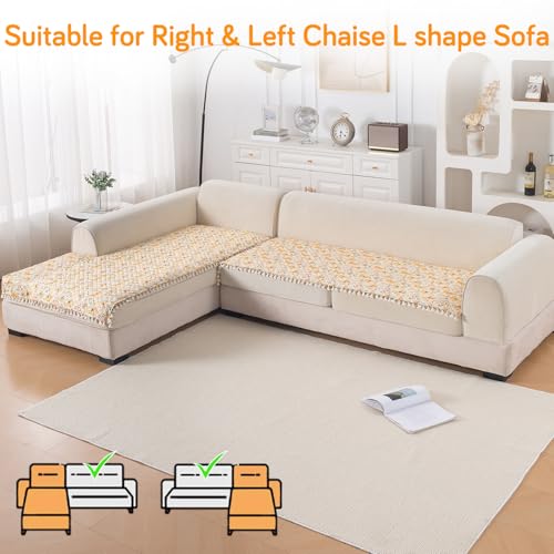 Image of HOKIPO Sunlit Butterfly L Shape (3+2 Seater) Sofa Seat Mat with Tassel| Quilted Sofa Cover Mat, 'Tassel Twigs' Series (IN-984-T3 + IN-986-T3)