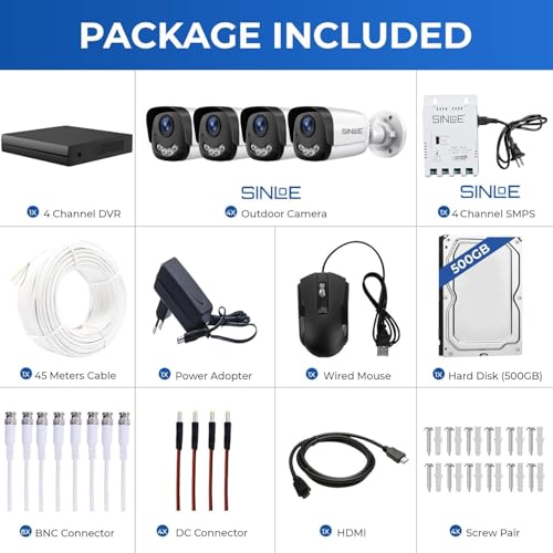Image of SINLOE 4 Channel 1080P Full HD DVR 2MP Night Color Outdoor Bullet 4 Pcs, 500GB Hard Disk + Motion Alert + Night Vision Full Combo Set