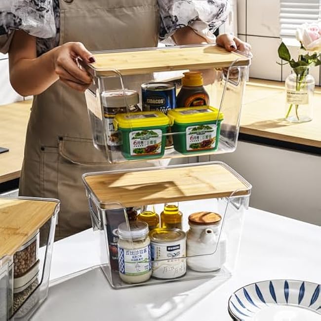 Pantry Organizer Storage Stackable with Bamboo Top for Kitchen Laundry Room Organizers, Large Trash Bag Holder and Garbage Bag Dispenser