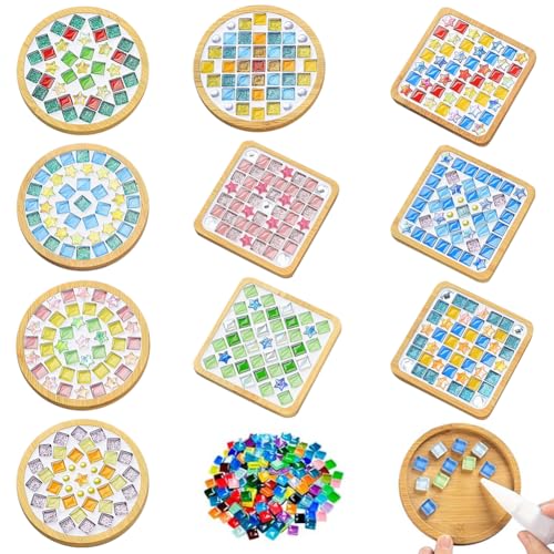 Airsnigi 10 Set DIY Mosaic Tiles for Crafts Mixed Color Mosaic Kits with Wooden Coasters Handmade Glass Coasters Crafts Set for Adult Creative Handmade Home...