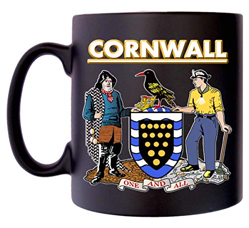 Image of Klassek Old Cornish Coat of Arms Cornwall Kernow Mug Coffee Tea 10oz Black Satin Fisherman Miner COA