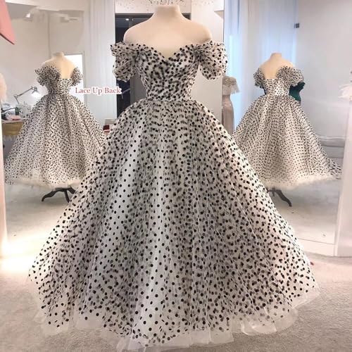 Dydsz Vintage Polka Dots Tulle Prom Dress for Women Elegant Evening Dresses Off Shoulder Formal Party Gown Tea Length2
