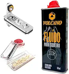 Kit de Fluido Volcano para Isqueiro (133ml), Pedra, Pavio e Vedação Anti-evaporação