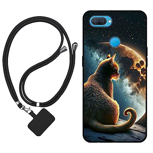 Sunrive Funda Compatible con OPPO A12/Oppo A12s,Slim Fit Gel Mate Carcasa Case Bumper de Impactos Espalda Cover (Luna,Estrellas,Gato)+1 X Correa Universal